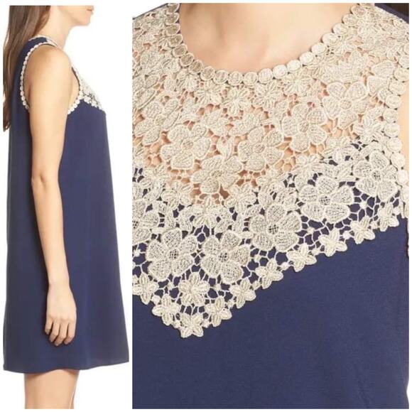 Lilly Pulitzer NWT Nala Soft Shift Dress True Navy Blue Size 4 Gold Floral Lace - Picture 2 of 12